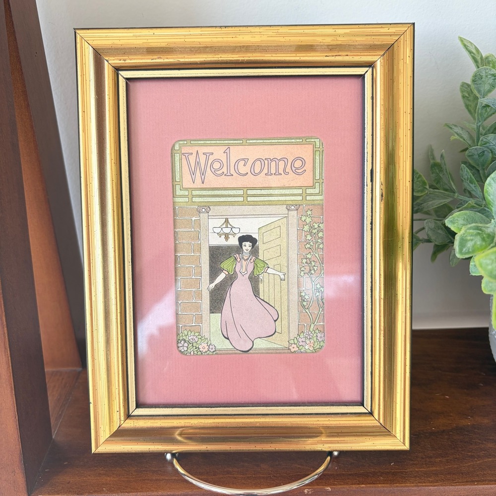 Vintage Welcome Art Print Framed Edwardian Lady Entryway Decor Gold Tone 7x9